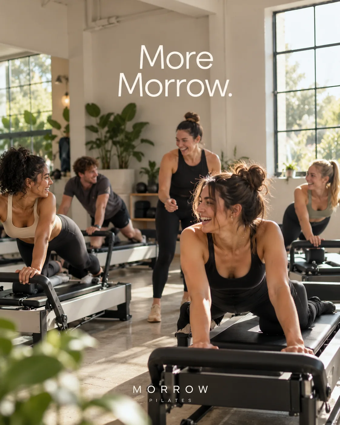 Concept image: an upbeat small-group reformer Pilates class