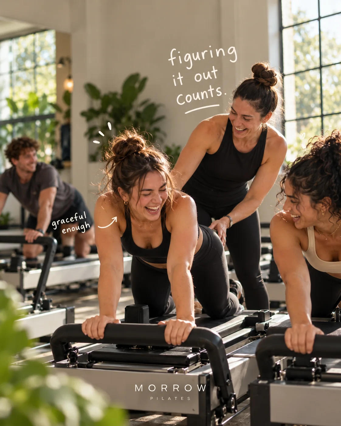 Woman laughing during a Pilates class