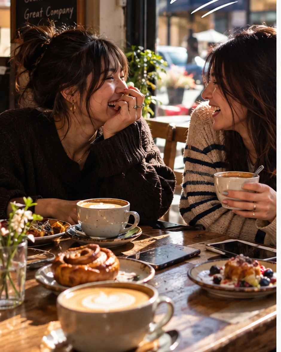 Two friends laughing in a welcoming café, Half Past campaign visual