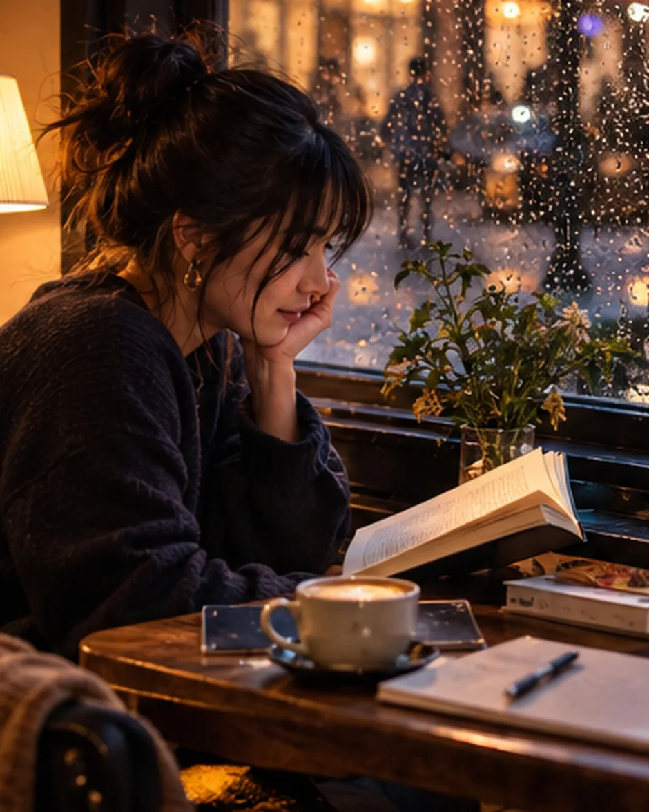 Quiet reading moment by the café window