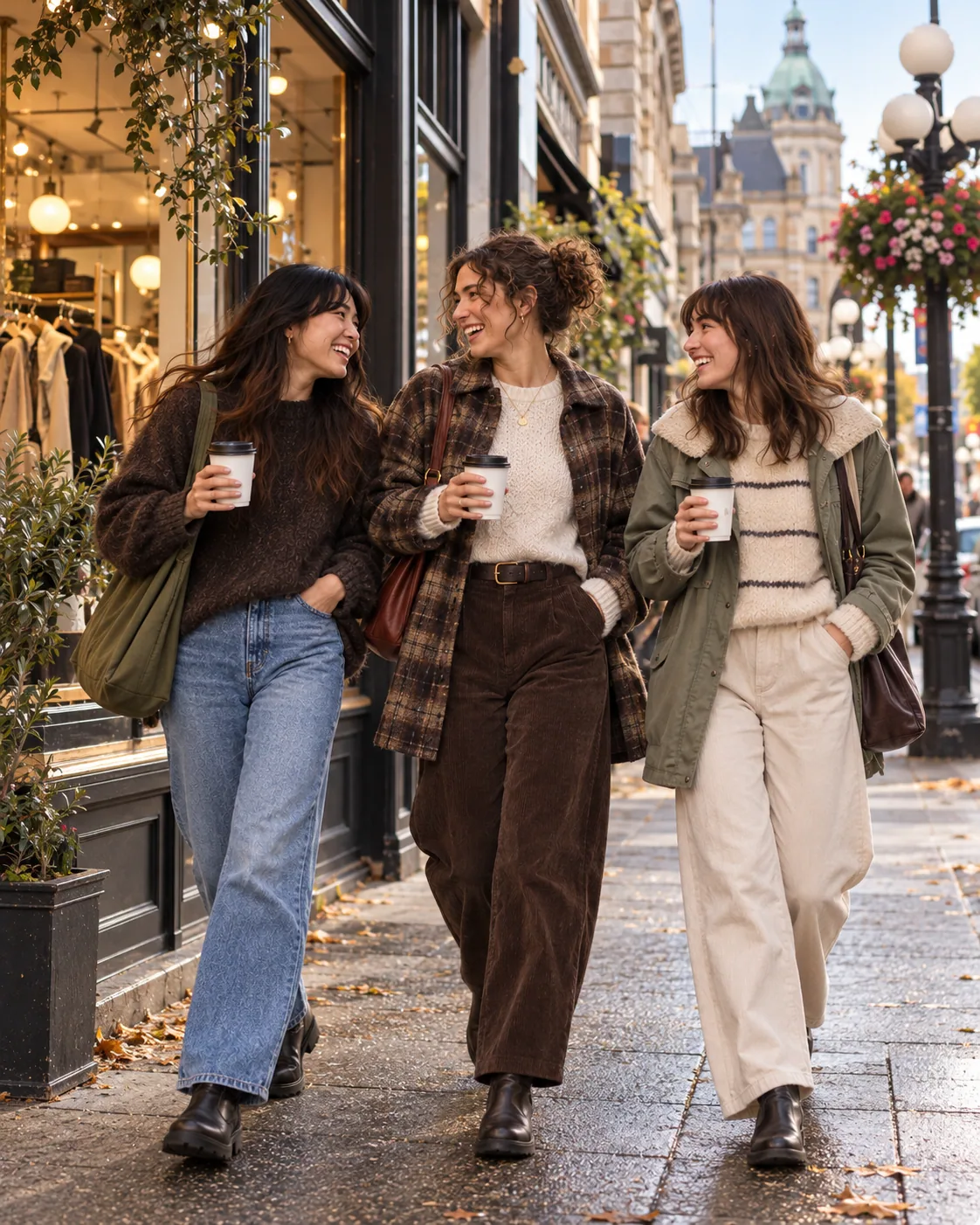 Three friends laughing and walking through Victoria in relaxed autumn outfits