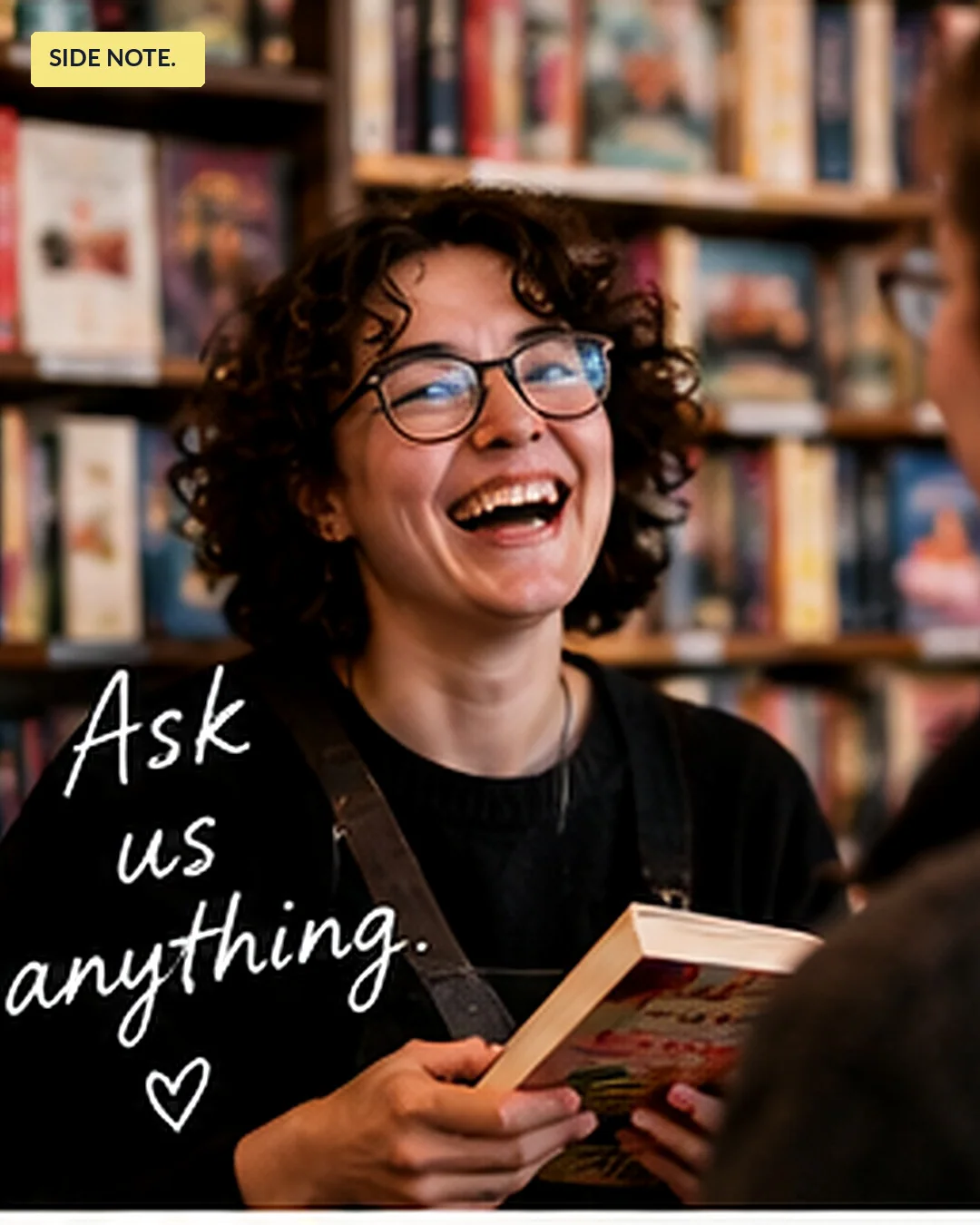 Fictional Side Note bookseller laughing with a customer