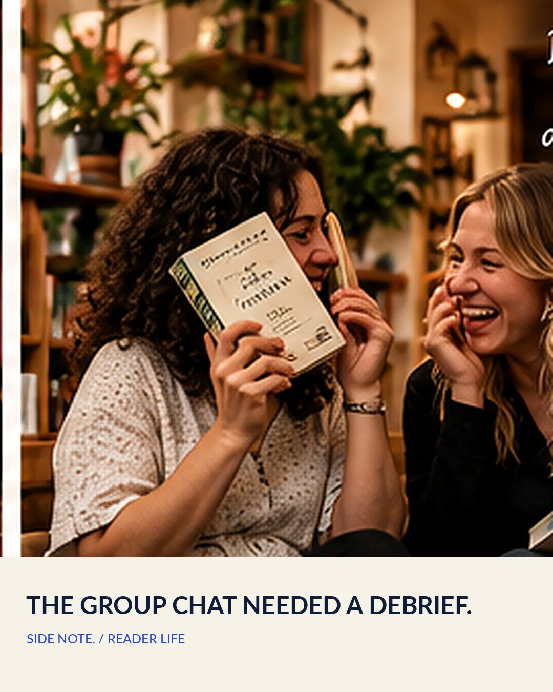 Friends laughing about books in a small bookstore