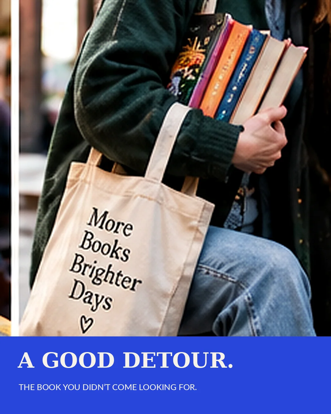 Side Note fictional bookshop customer carrying books through Victoria
