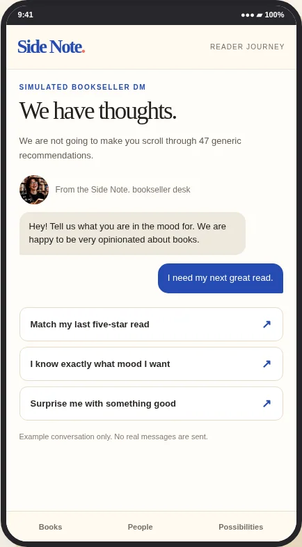 Side Note customer journey screen 3: Bookseller DM