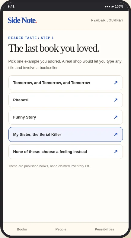 Side Note customer journey screen 4: Favourite book