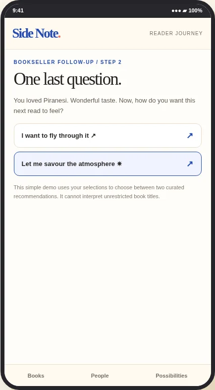 Side Note customer journey screen 5: Reading preference