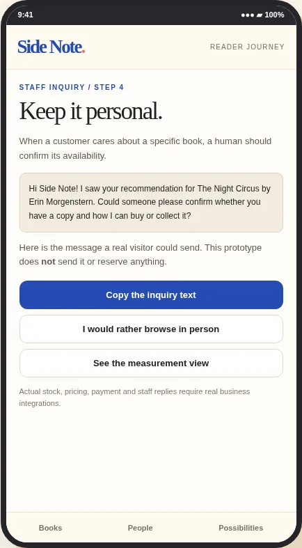 Side Note customer journey screen 7: Staff inquiry